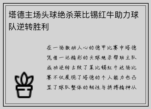 塔德主场头球绝杀莱比锡红牛助力球队逆转胜利 塔德主场头球绝杀莱比锡红牛助力球队逆转胜利